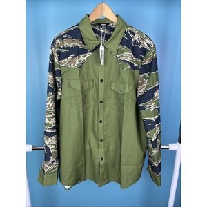 Ouku Men's Long‎ Sleeve Button Up Shirt Size Large Green Jungle Camo Gorpcore